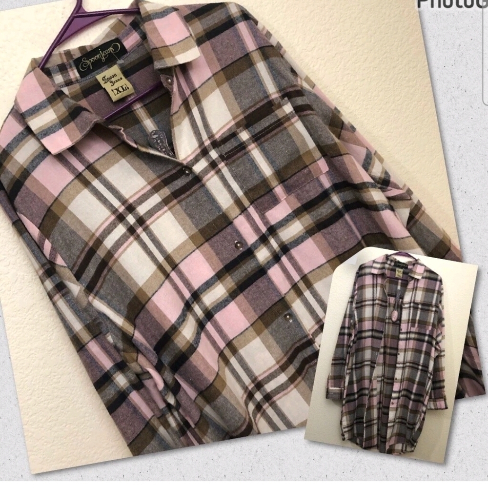 Pink & Brown Plaid Button Down Shirt Dress